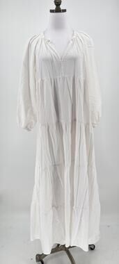 Natalie Martin White Rose Woven Cotton V Neck Tiered Maxi A Line Dress Sz M